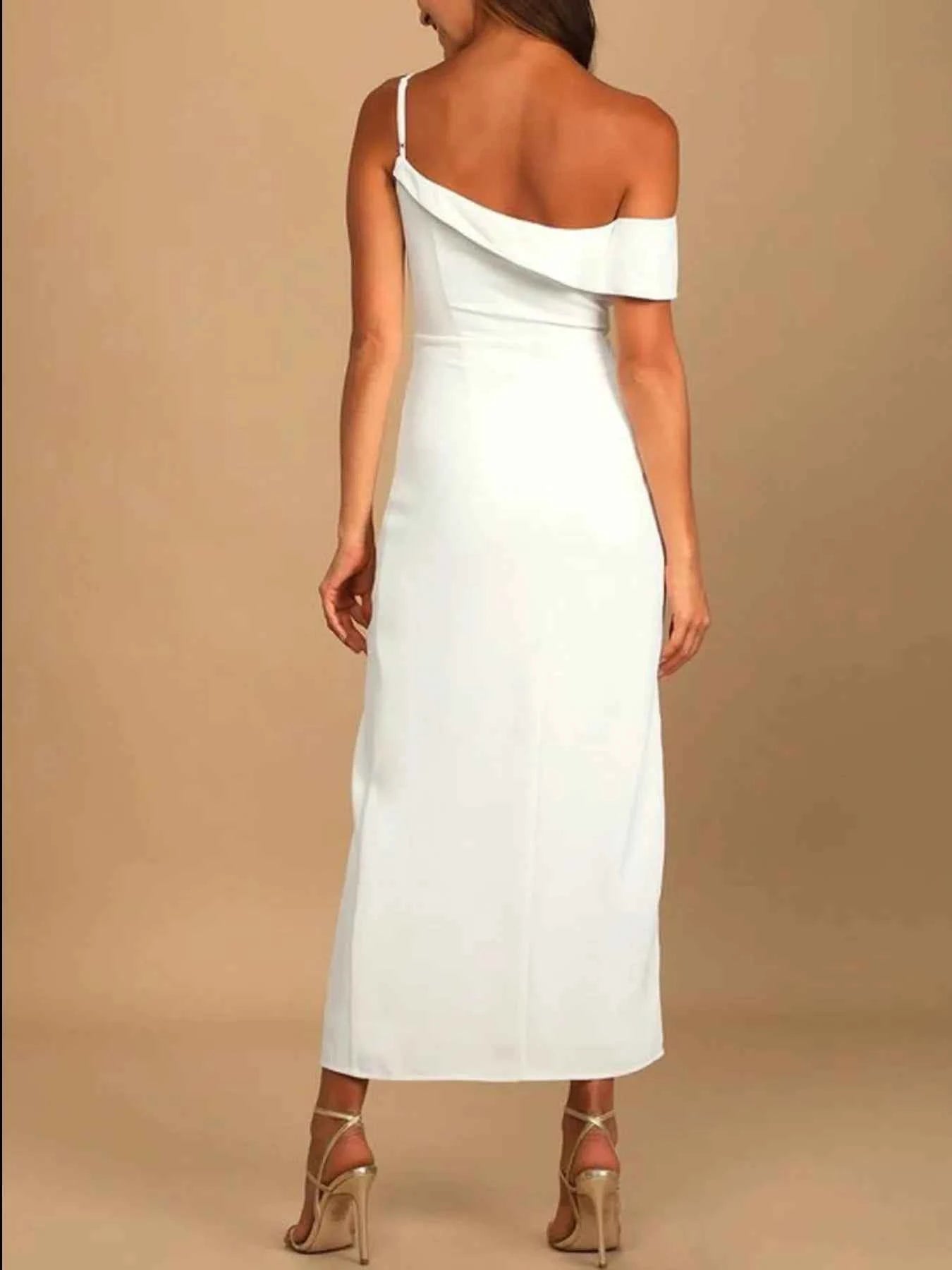 Split Asymmetrical Neck Midi Dress.