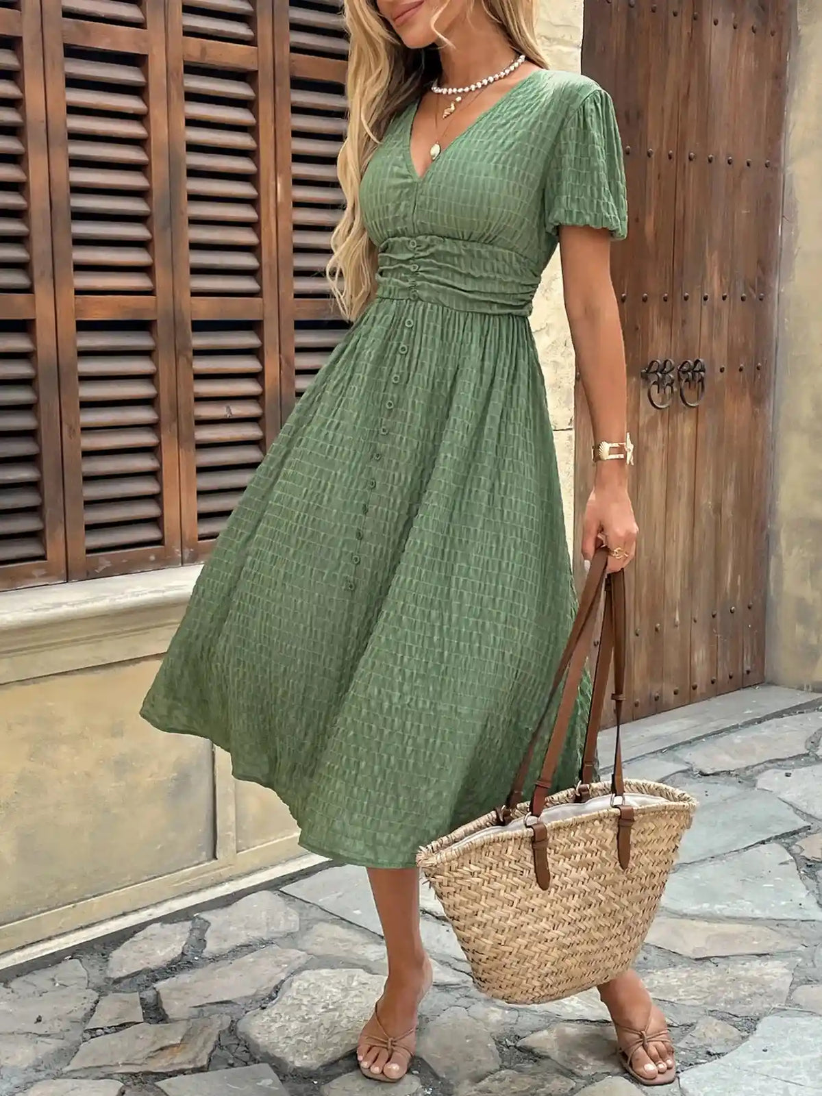 Textured V-Neck Short Sleeve Dress.