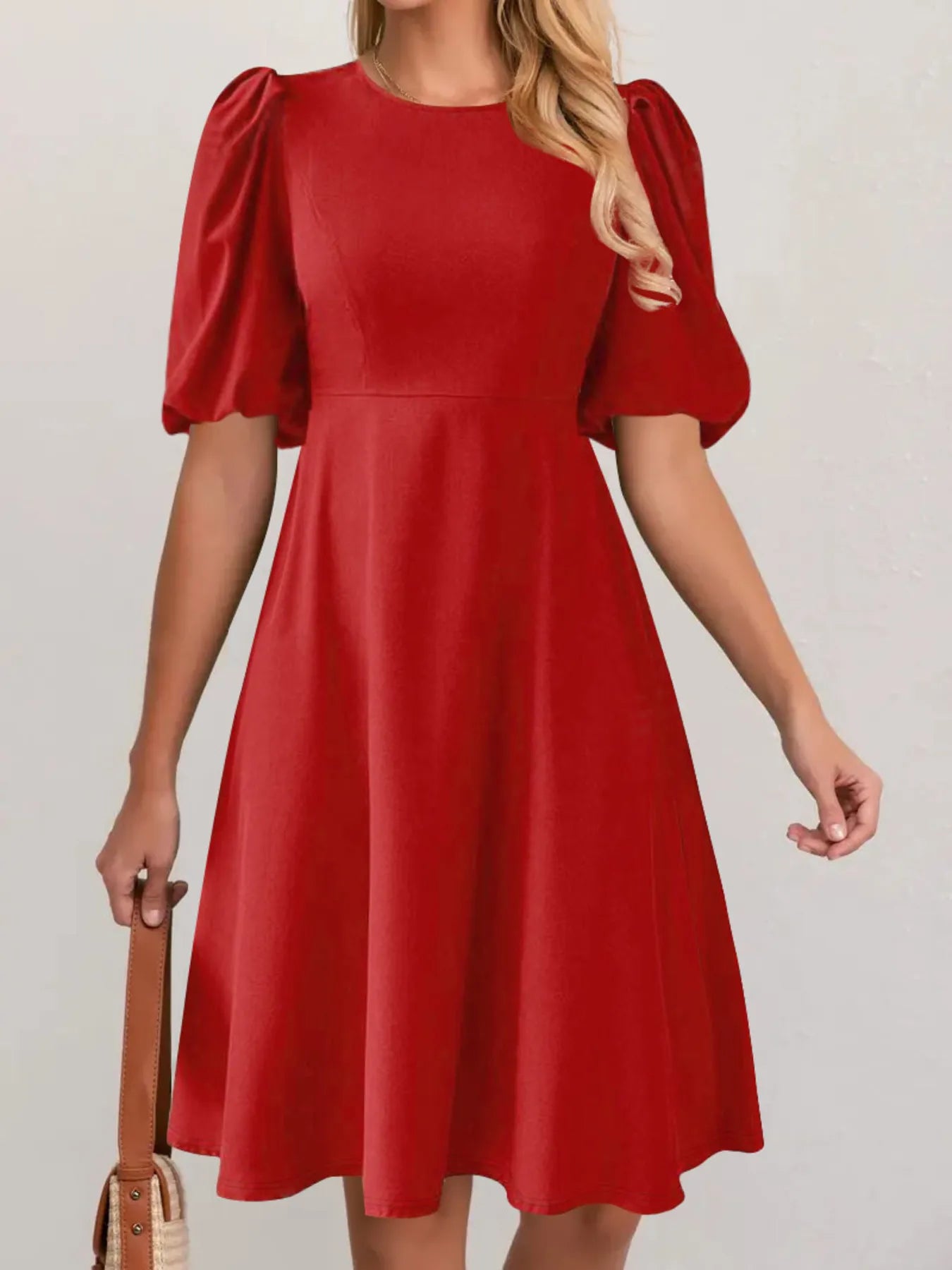 Round Neck Puff Sleeve A-Line Dress.
