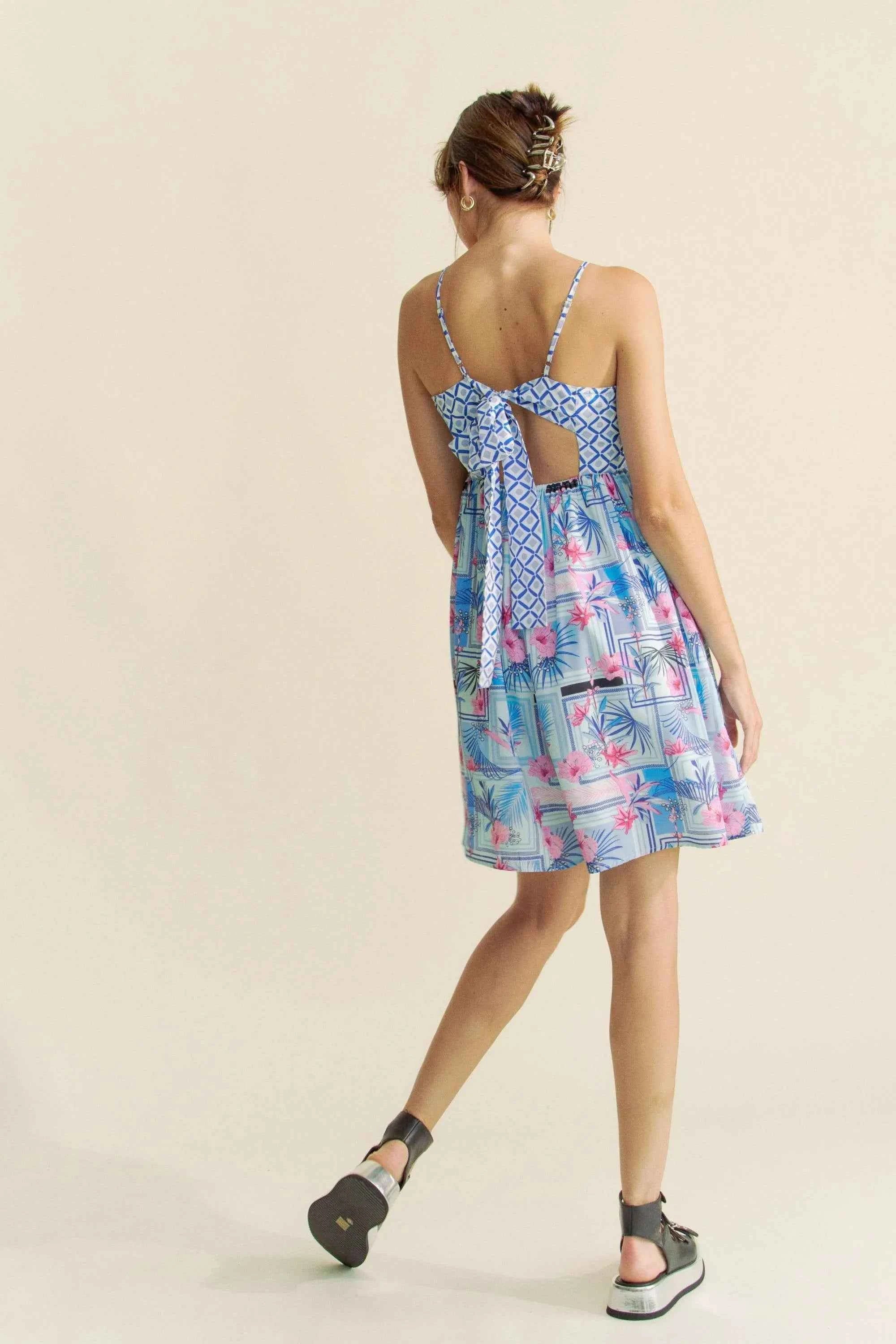 Davi & Dani Tropical Floral Geo Print Tie Back Tube Top Romper.