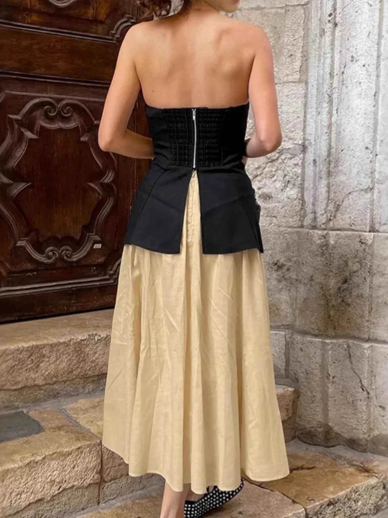 Back Zipper Tube Top Set with Midi Skirt for Effortless Style - EBYNN