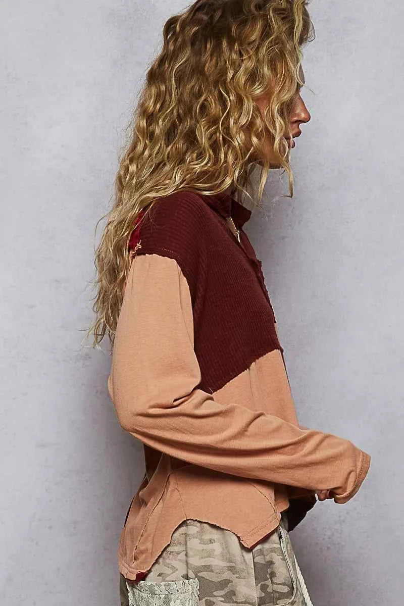 POL Color Block Notched Long Sleeve T-Shirt.