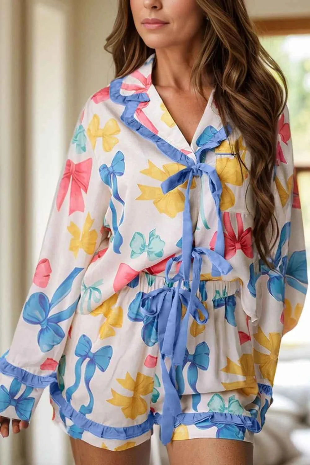 Bow Print Collared Neck Top and Shorts Lounge Set.