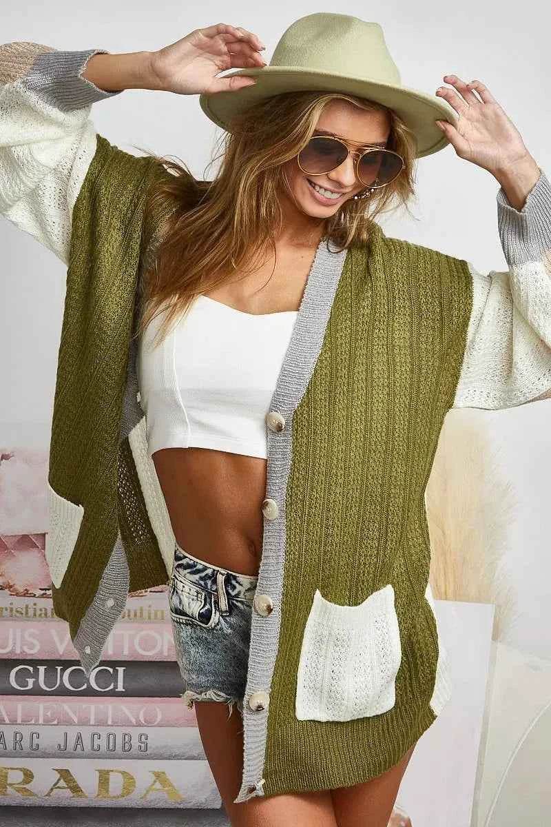 BiBi Color Block Oversized Sweater Cardigan.