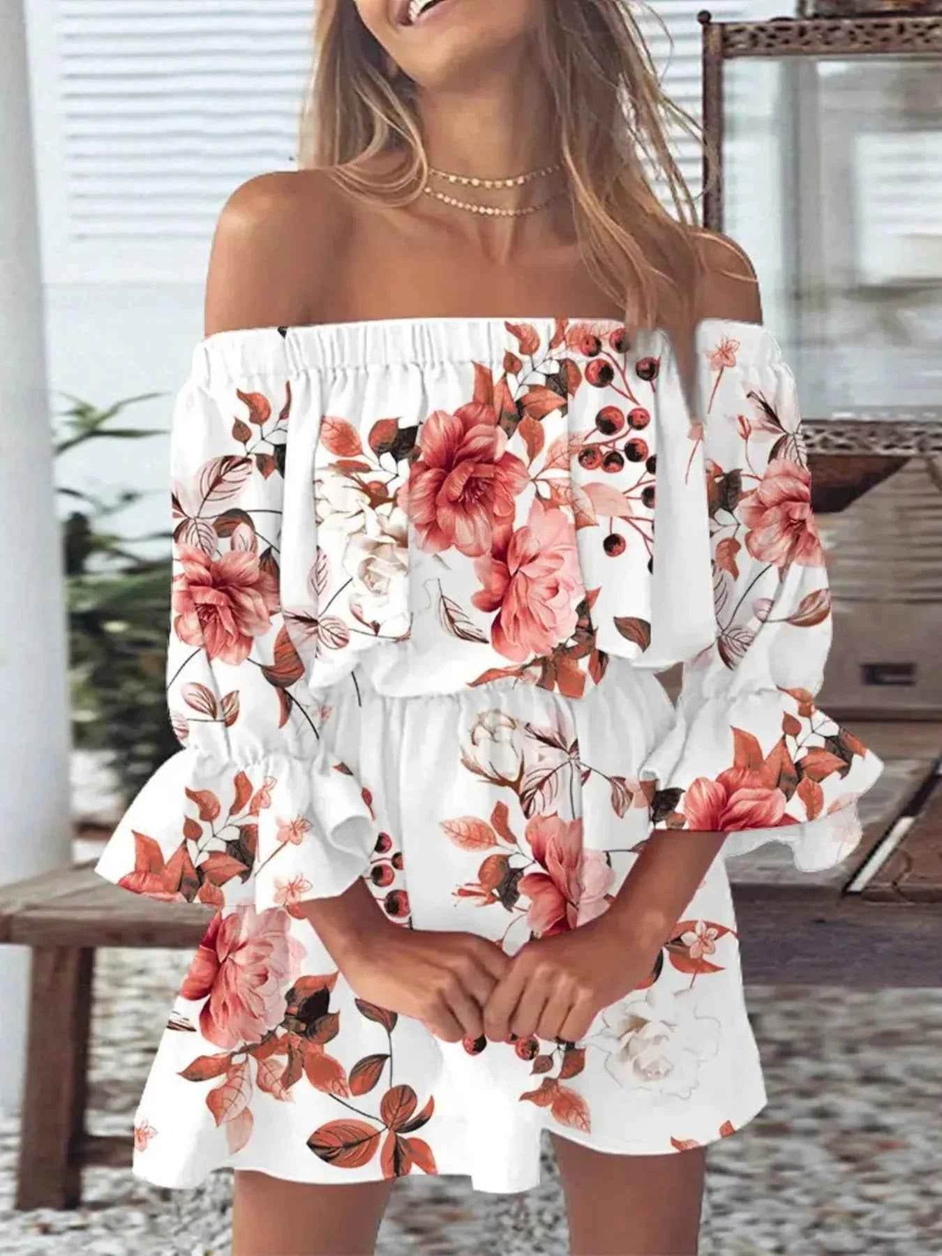 Floral Off-Shoulder Flounce Sleeve Mini Dress Plus Size.
