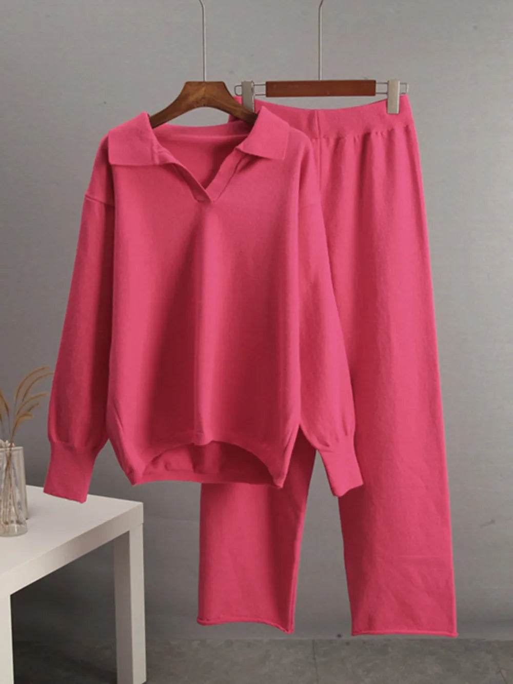 Johnny Collar Long Sleeve Top and Pants Sweater Set - EBYNN