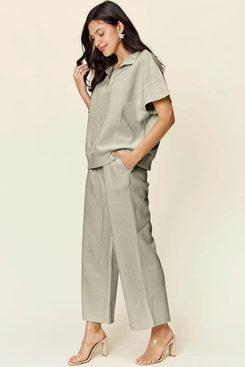 Double Take Texture Half Zip Set with Full Size Top and Pants - EBYNN