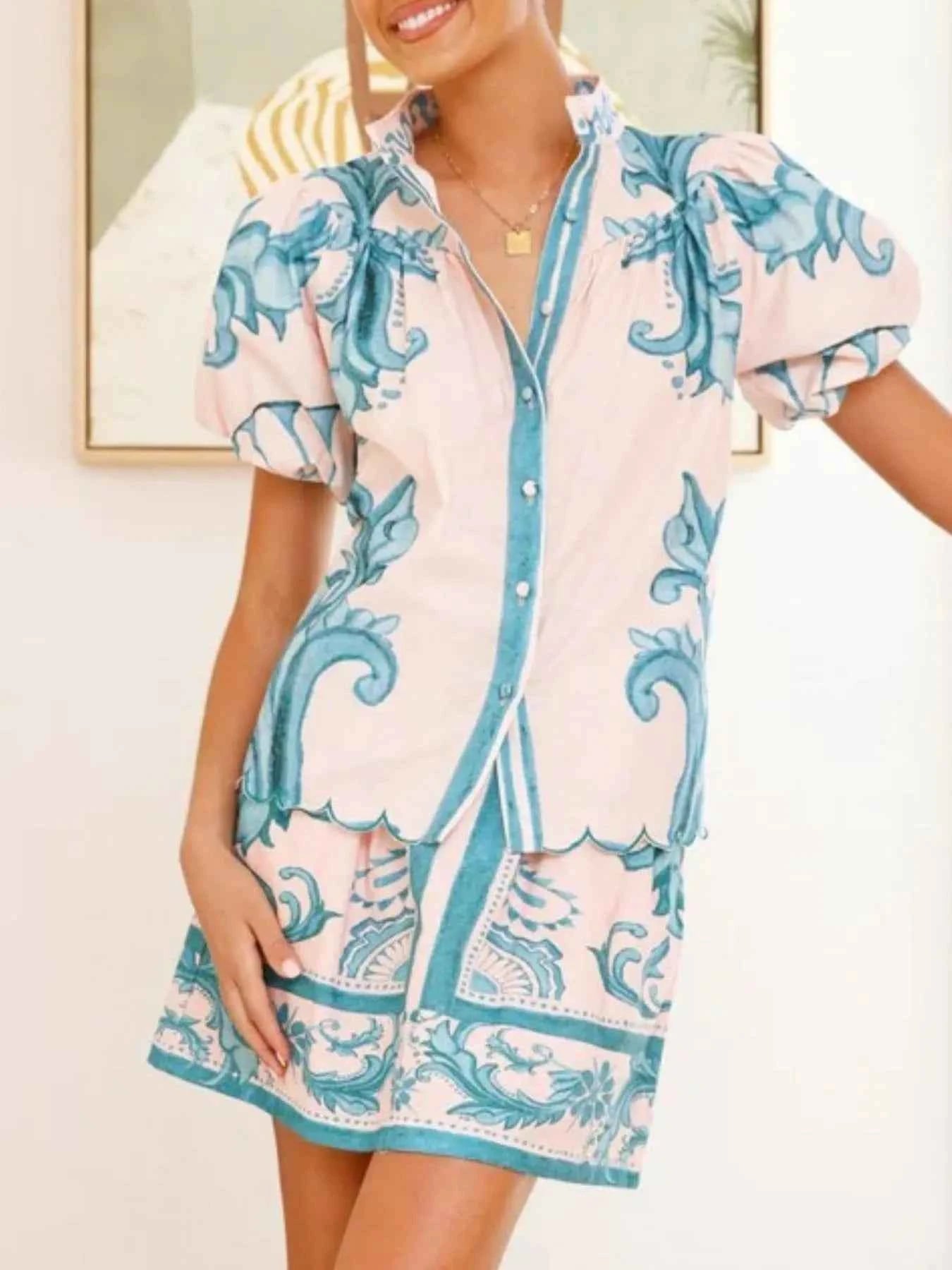 Printed Puff Sleeve Top and Skirt Set.