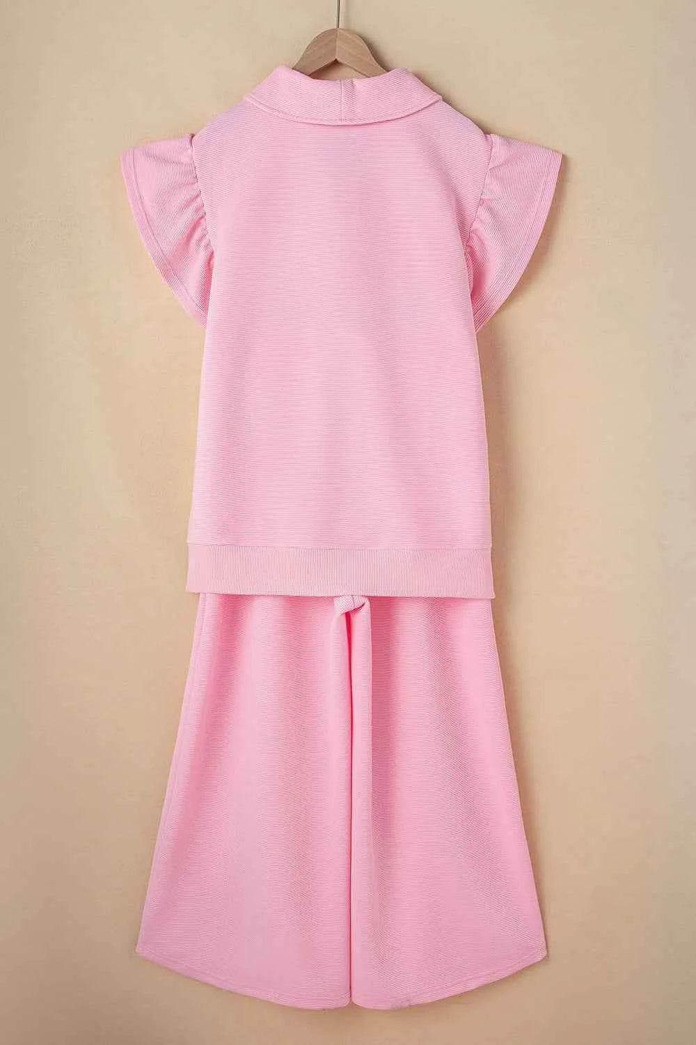 Textured Ruffled Sleeve Zipped Top & Wide Leg Pants Set - EBYNN