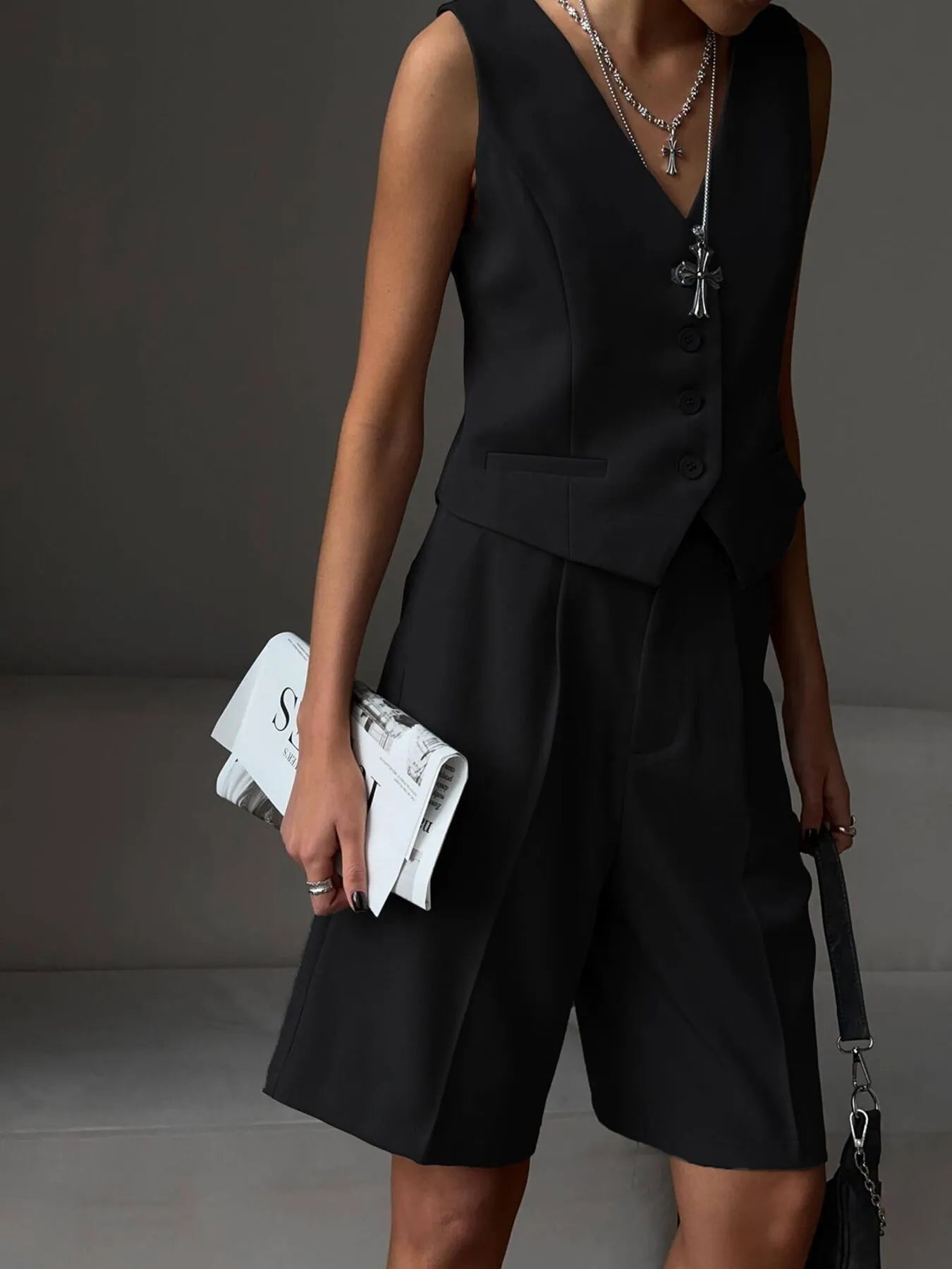 V-Neck Vest and Pants Two-Piece Blazer Set.