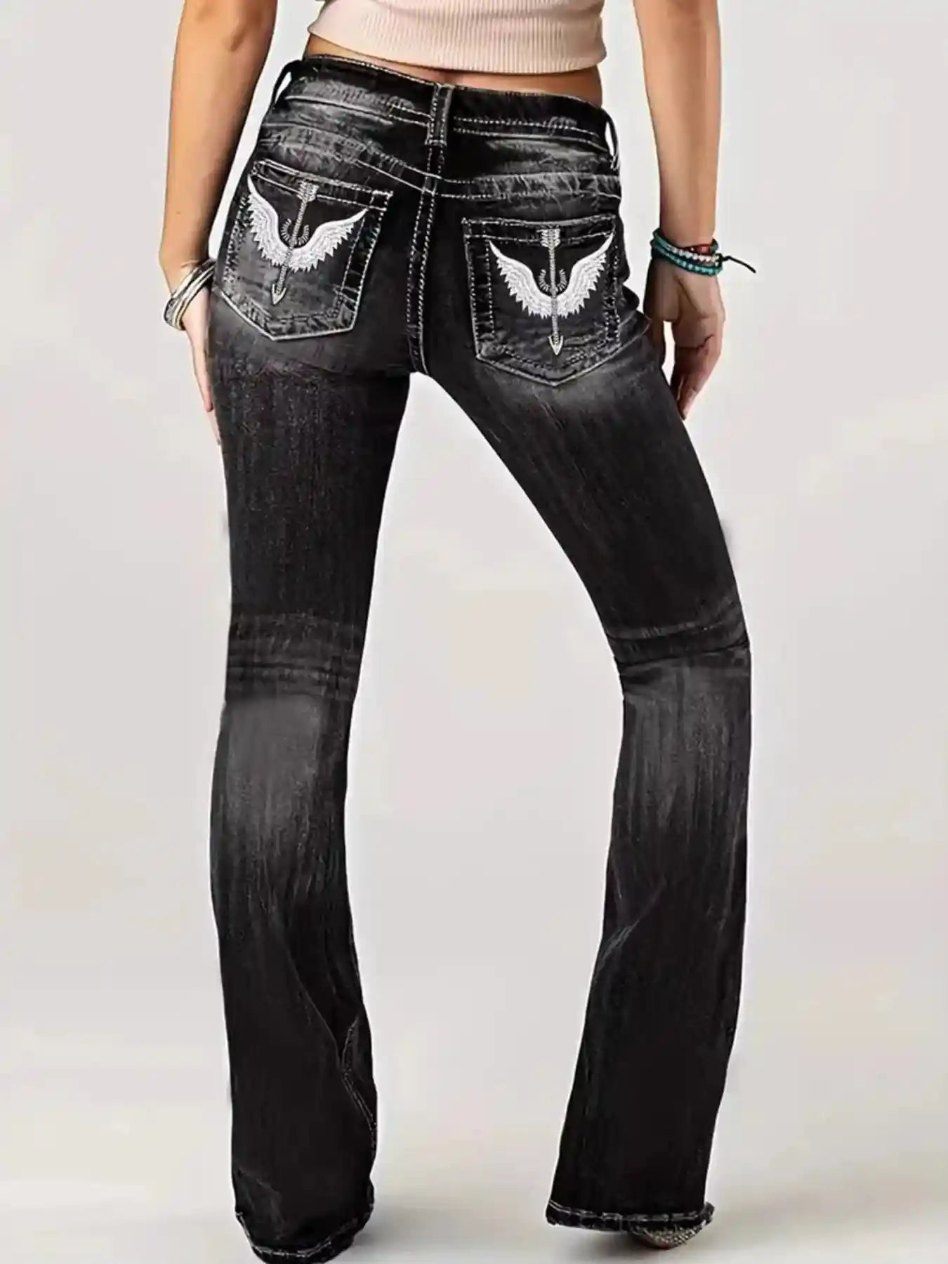 Embroidered Washed Bootcut Jeans.