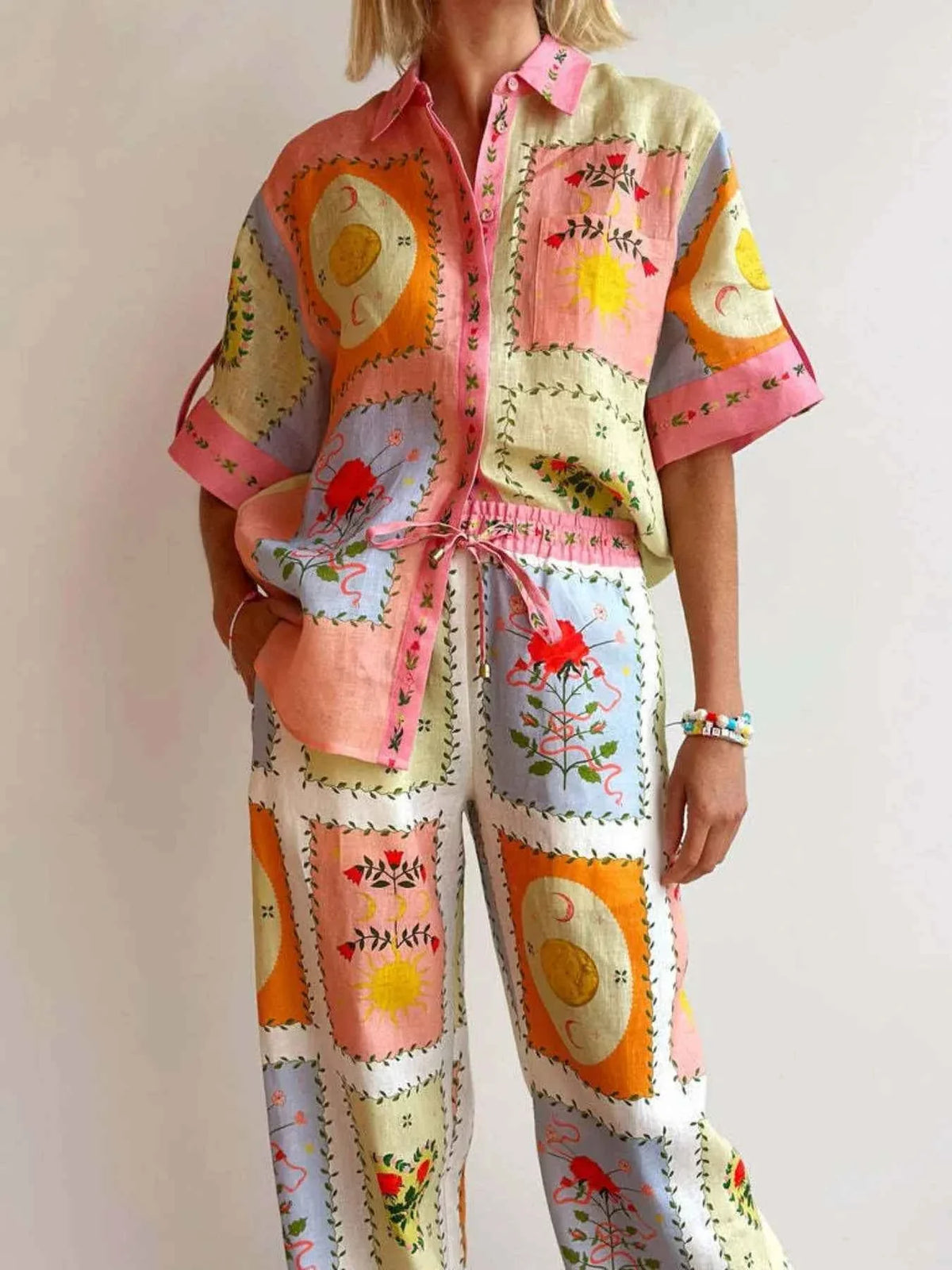 Printed Button Up Shirt and Pants Set.