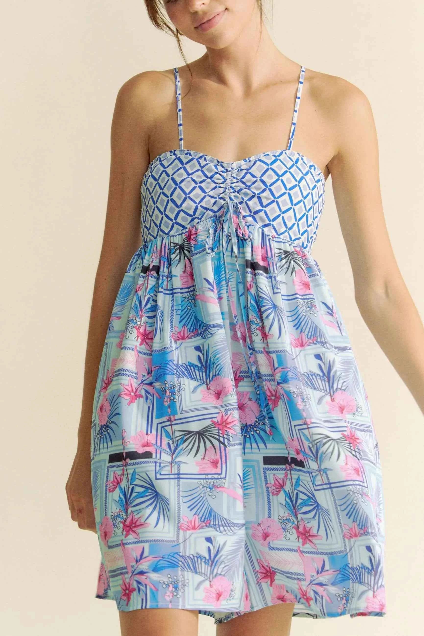 Davi & Dani Tropical Floral Geo Print Tie Back Tube Top Romper.