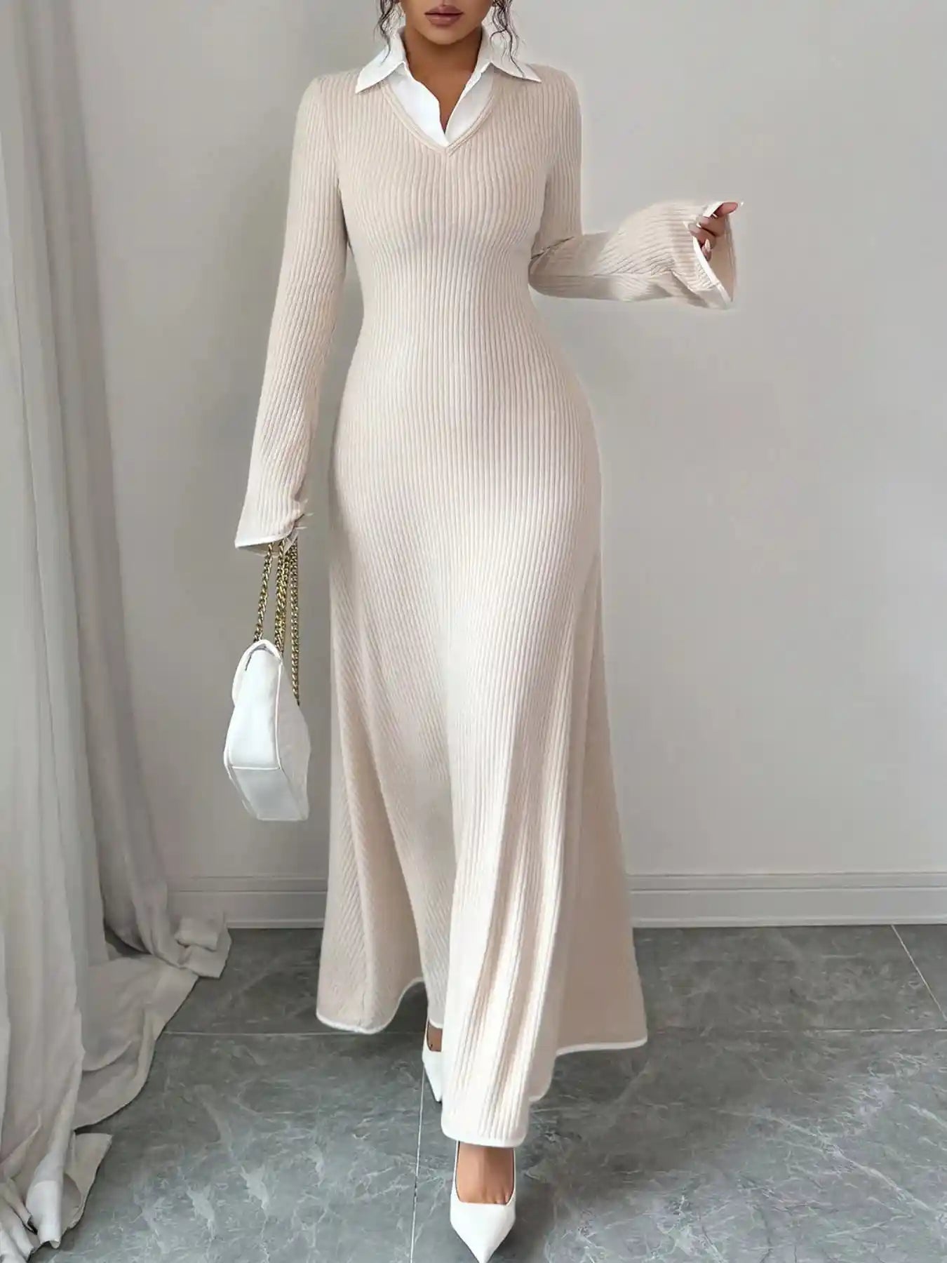 Ribbed Knit Long Sleeve Maxi Dress with Collar.