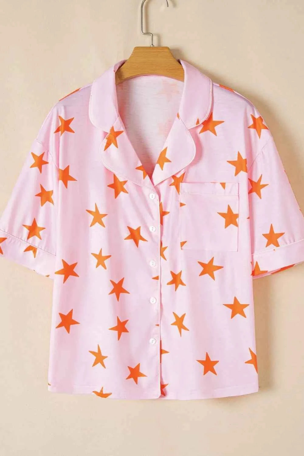 Star Print Short Sleeve Shirt and Shorts Set.