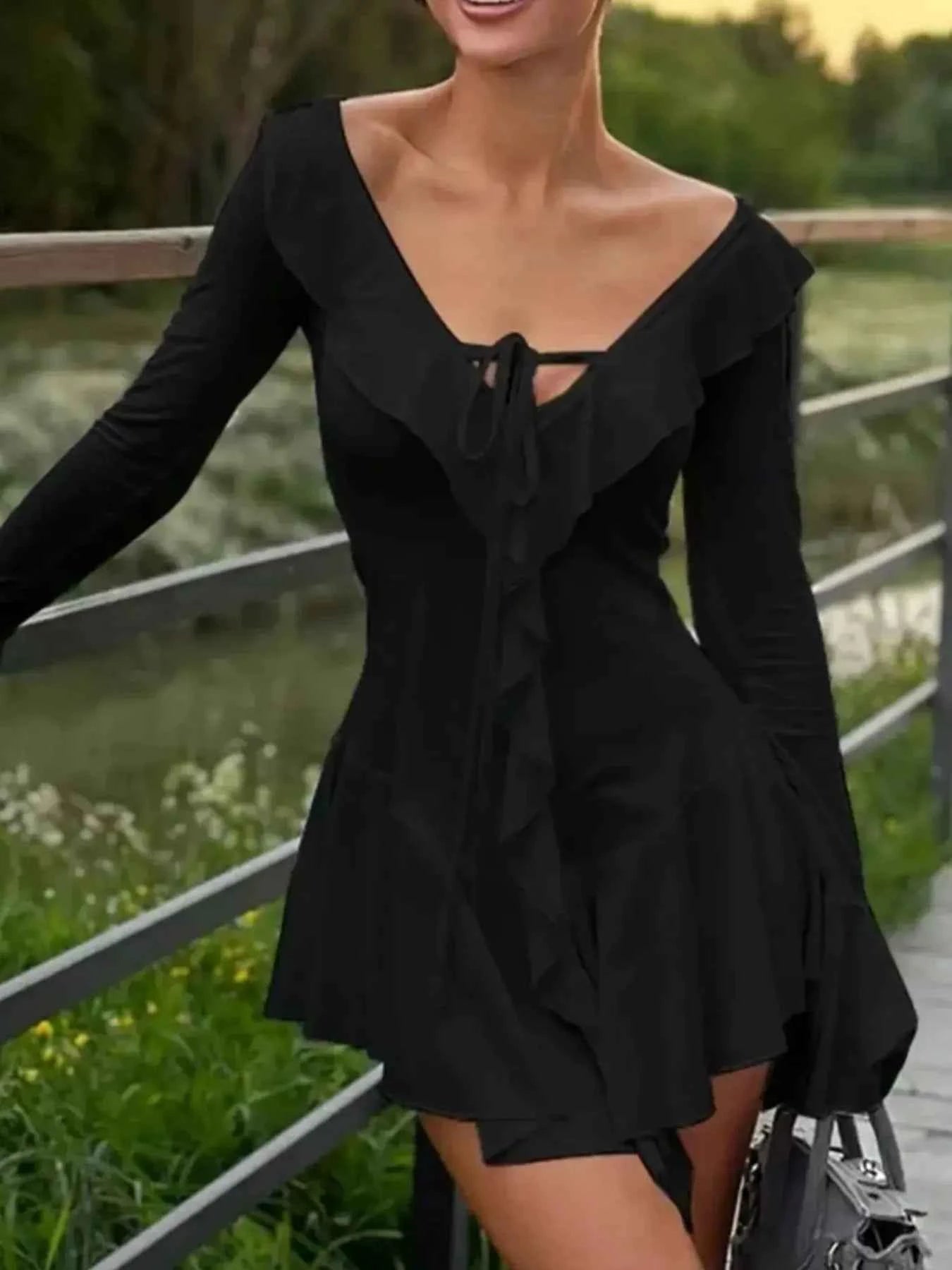 Ruffle V-Neck Flounce Sleeve Mini Dress.