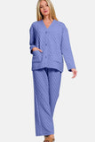 Zenana Quilted Button Up Long Sleeve Top & Pants Lounge Set.