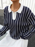 Stripe Contrast Collar Long Sleeve Knit Top.