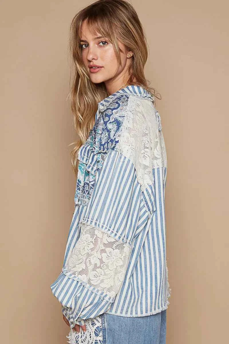 POL Printed Woven Mix Raw Hem Jacket with Lace Detail.