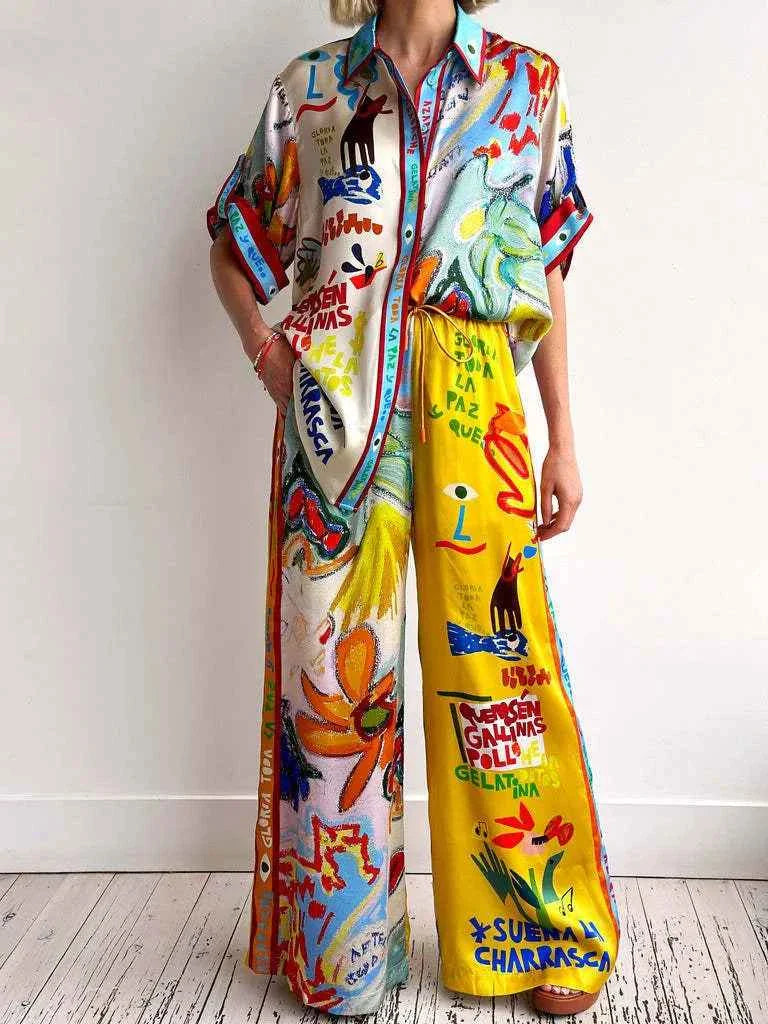 Stylish Printed Button Up Shirt and Pants Set.