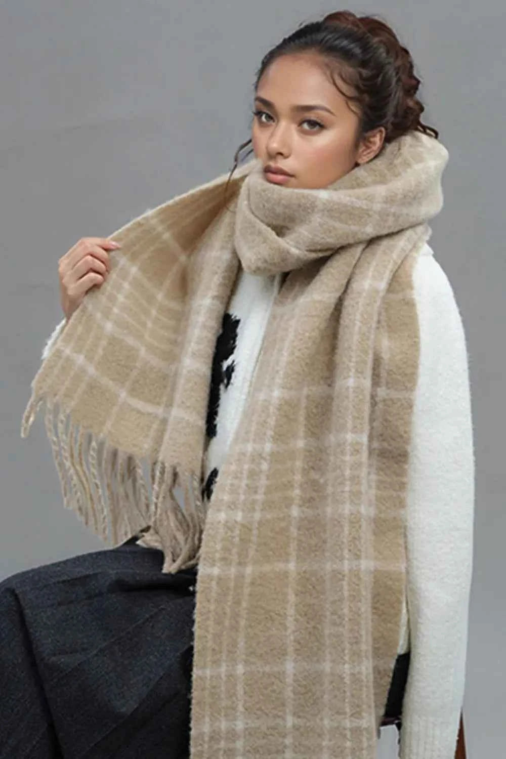 Fringe Plaid Thermal Scarf.