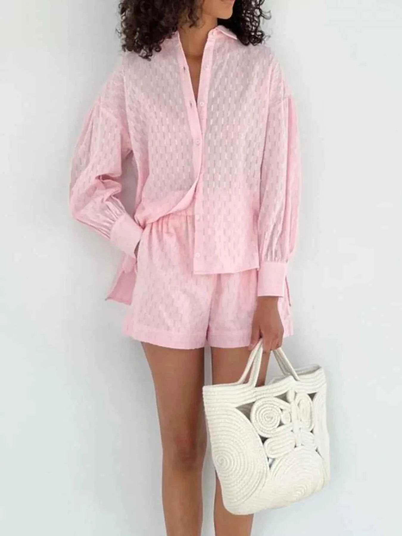Textured Button-Up Shirt and Shorts Set - EBYNN