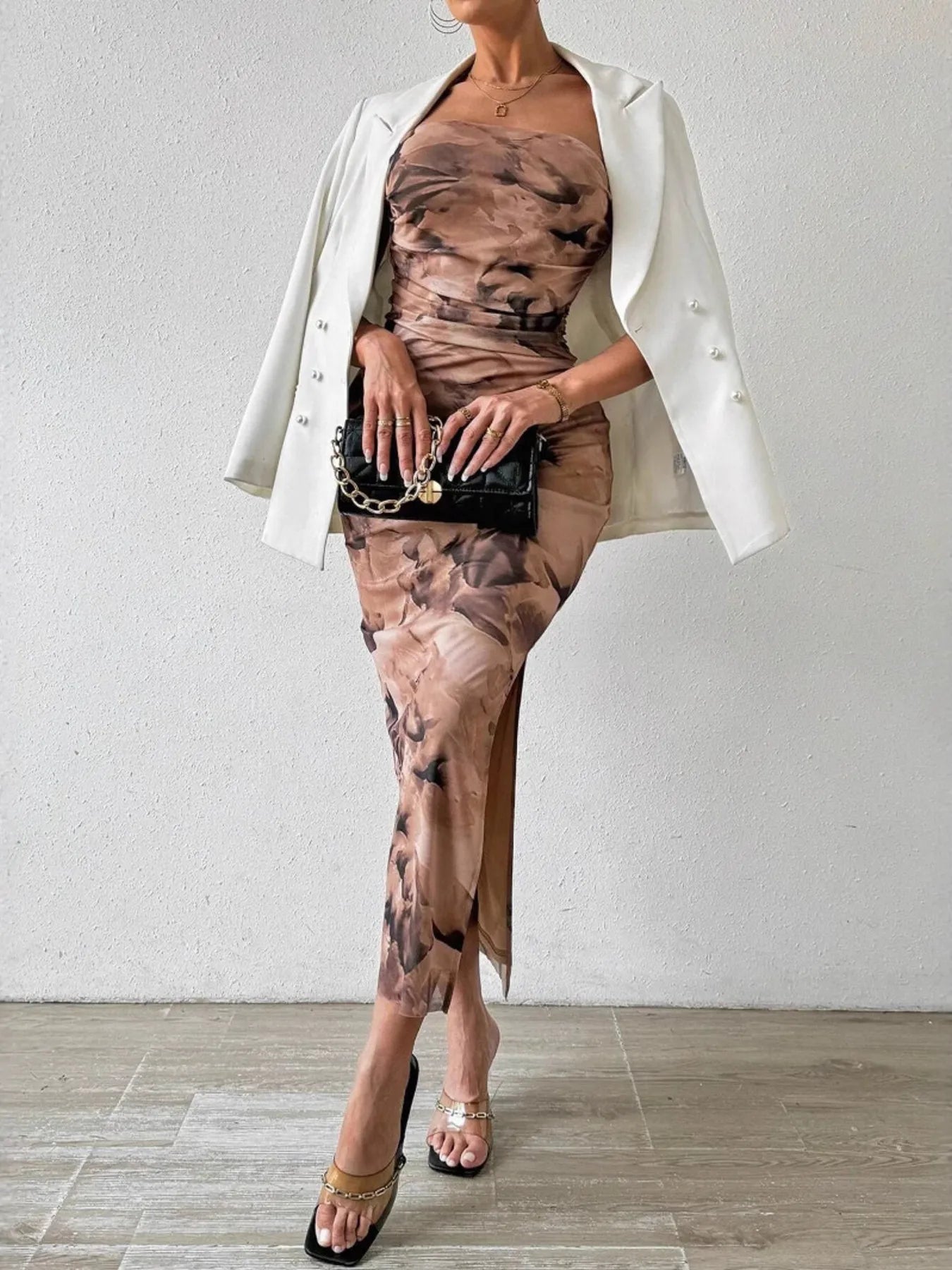 Printed Side Slit Tube Dress.