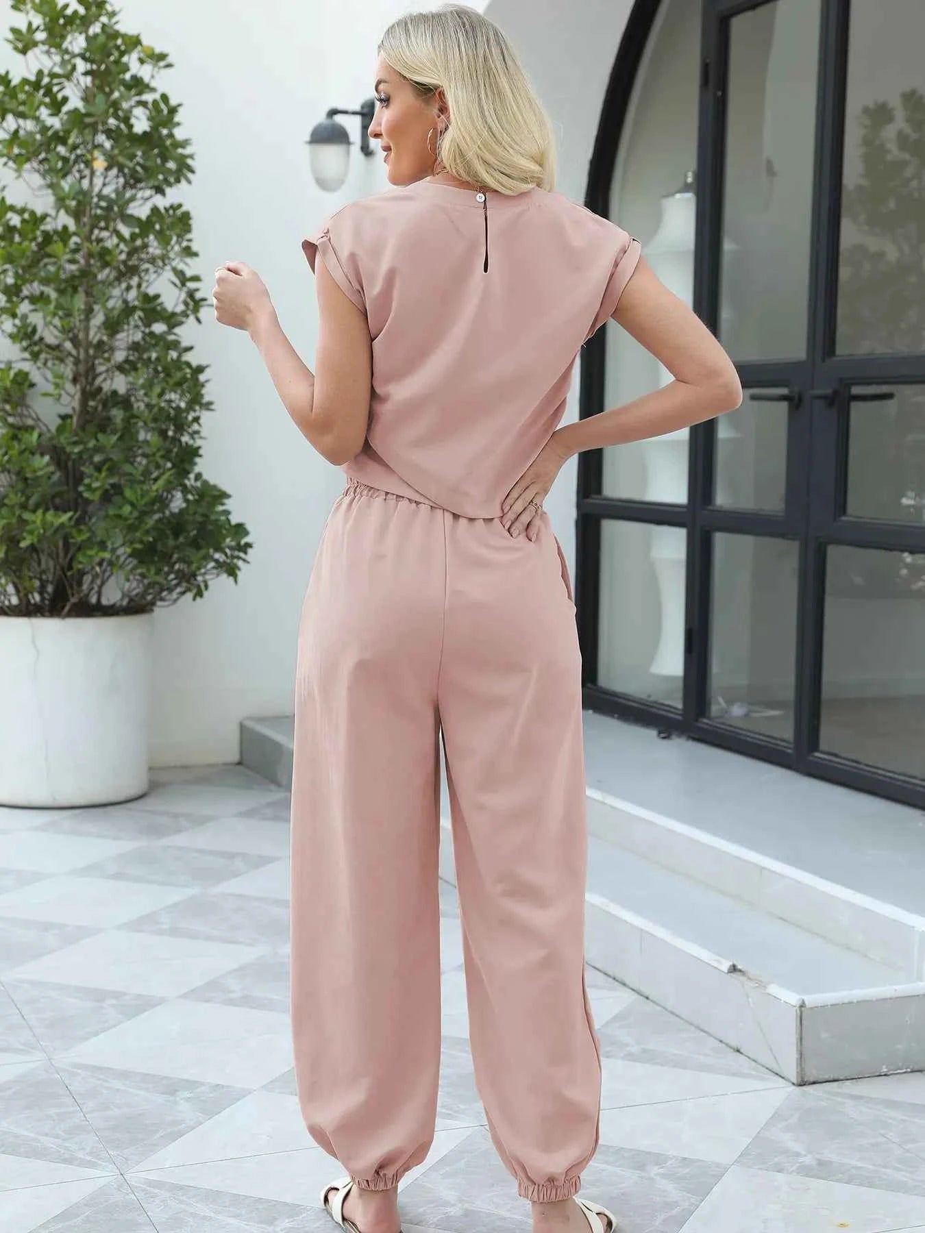 Round Neck Short Sleeve Top and Pants Set.