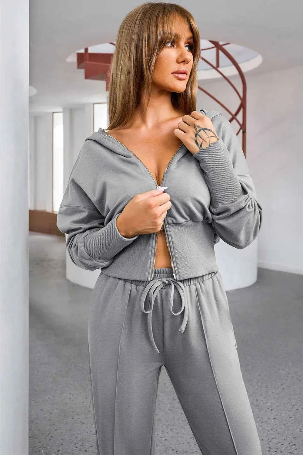 Dropped Shoulder Hoodie and Drawstring Pants Active Set.