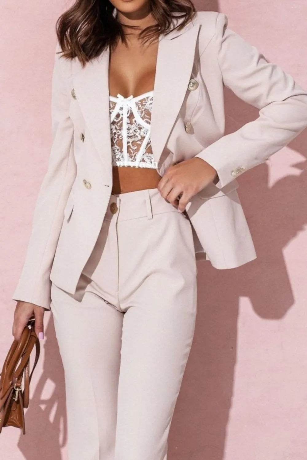 Plus Size Full Size Lapel Collar Blazer and Pants Set - EBYNN