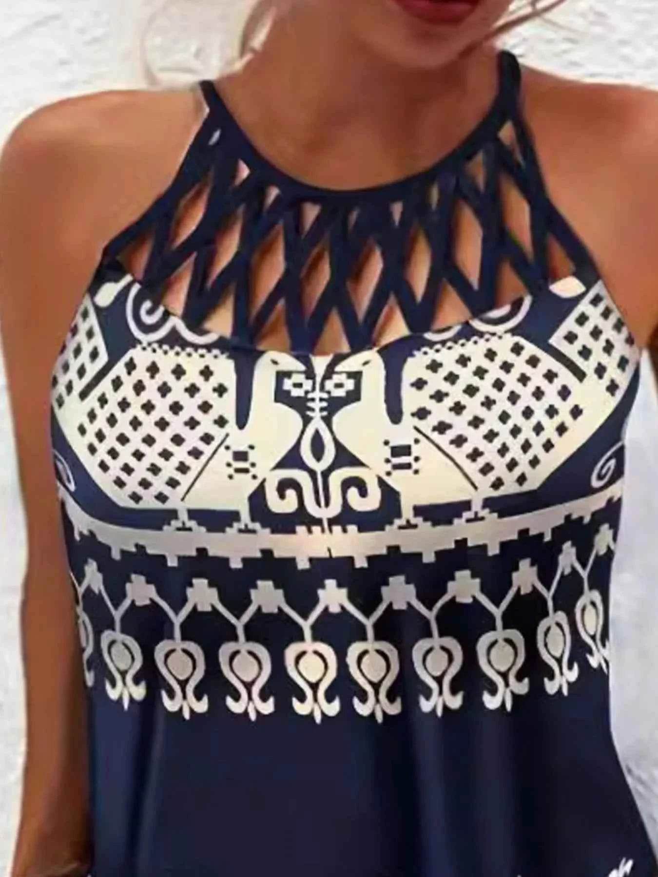 Tropical Leaf Print Halter Neck Mini Dress.