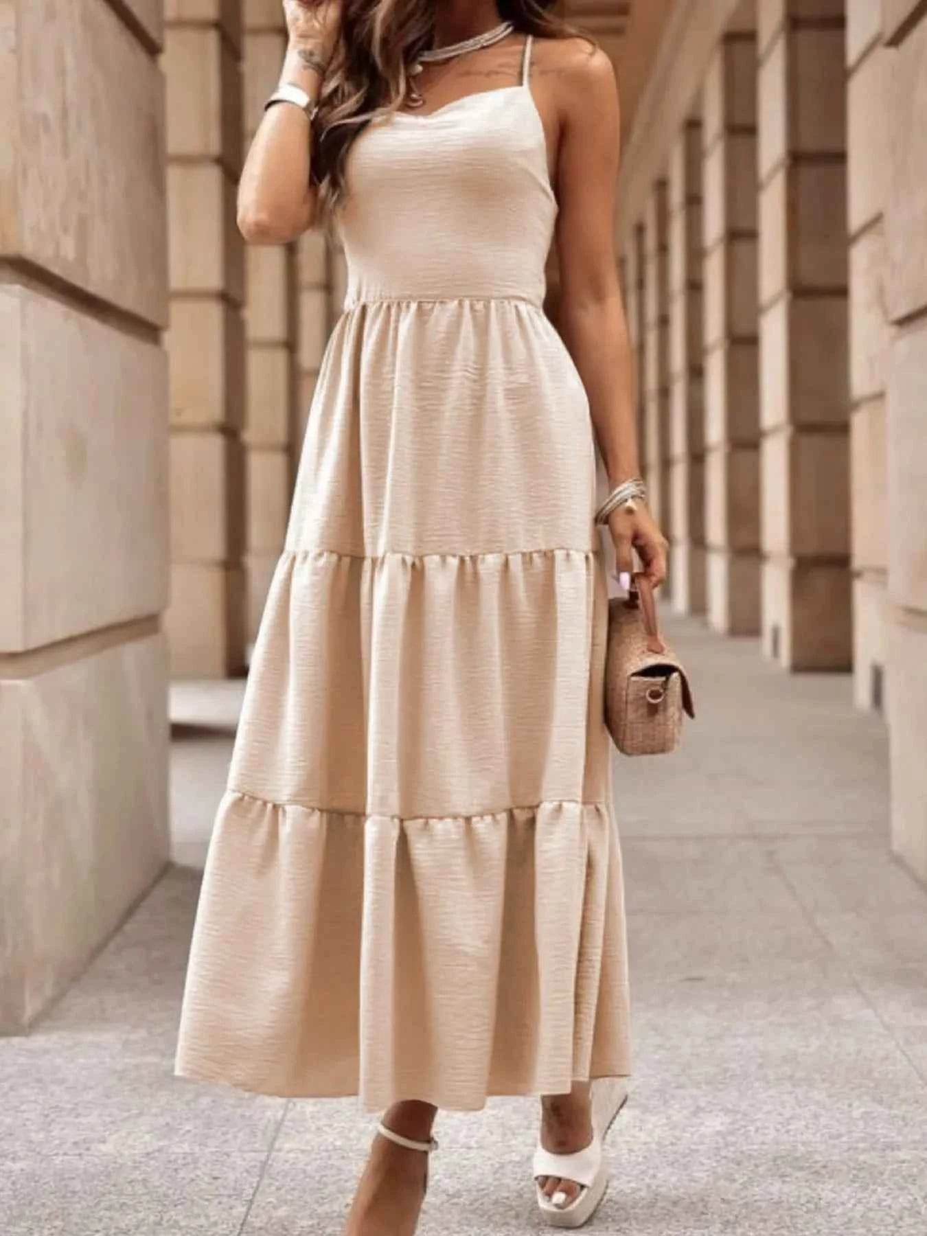 Crossover Backless Bodice Tiered Maxi Dress.
