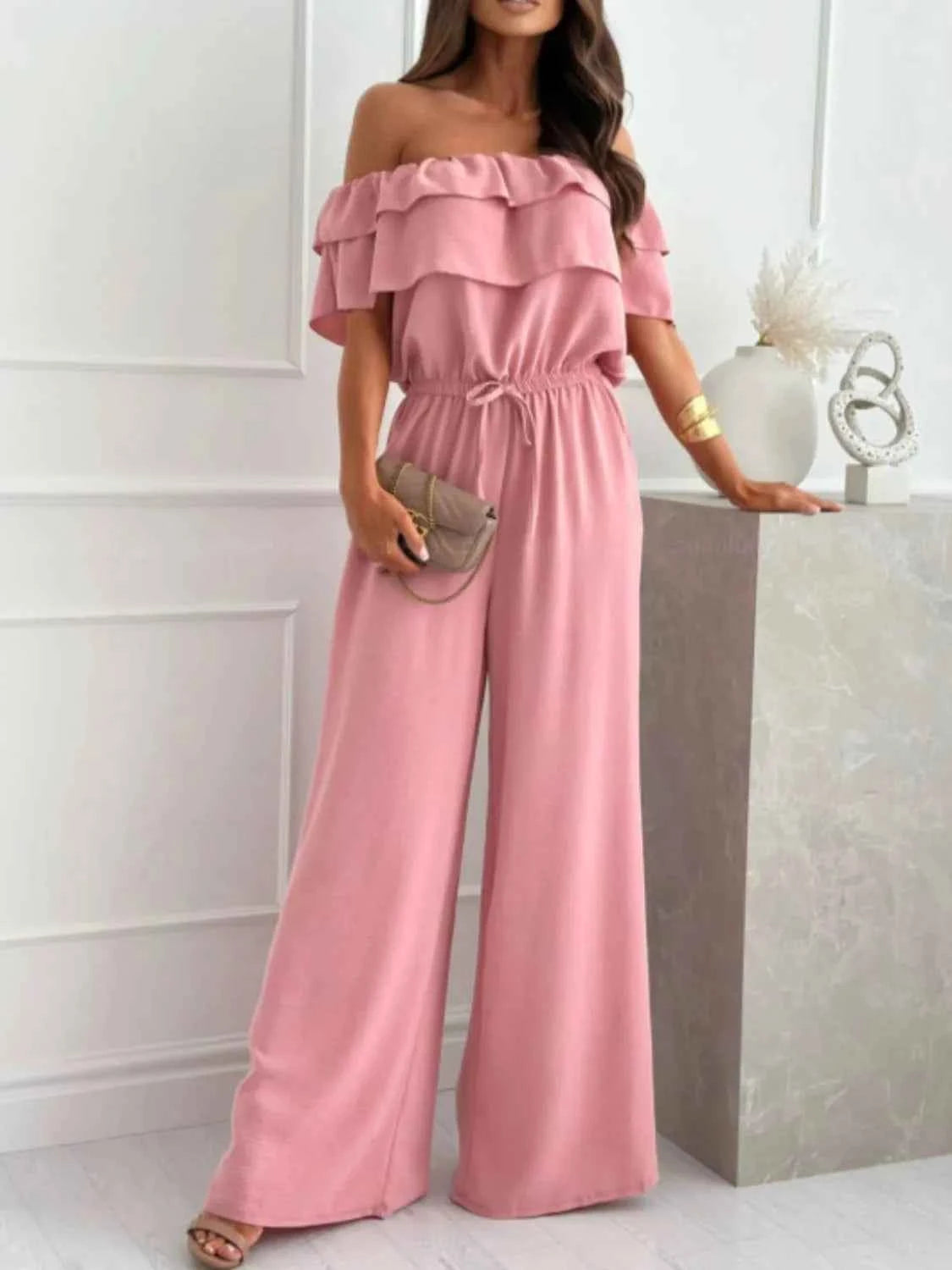 Off-Shoulder Ruffled Wide Leg Jumpsuit.