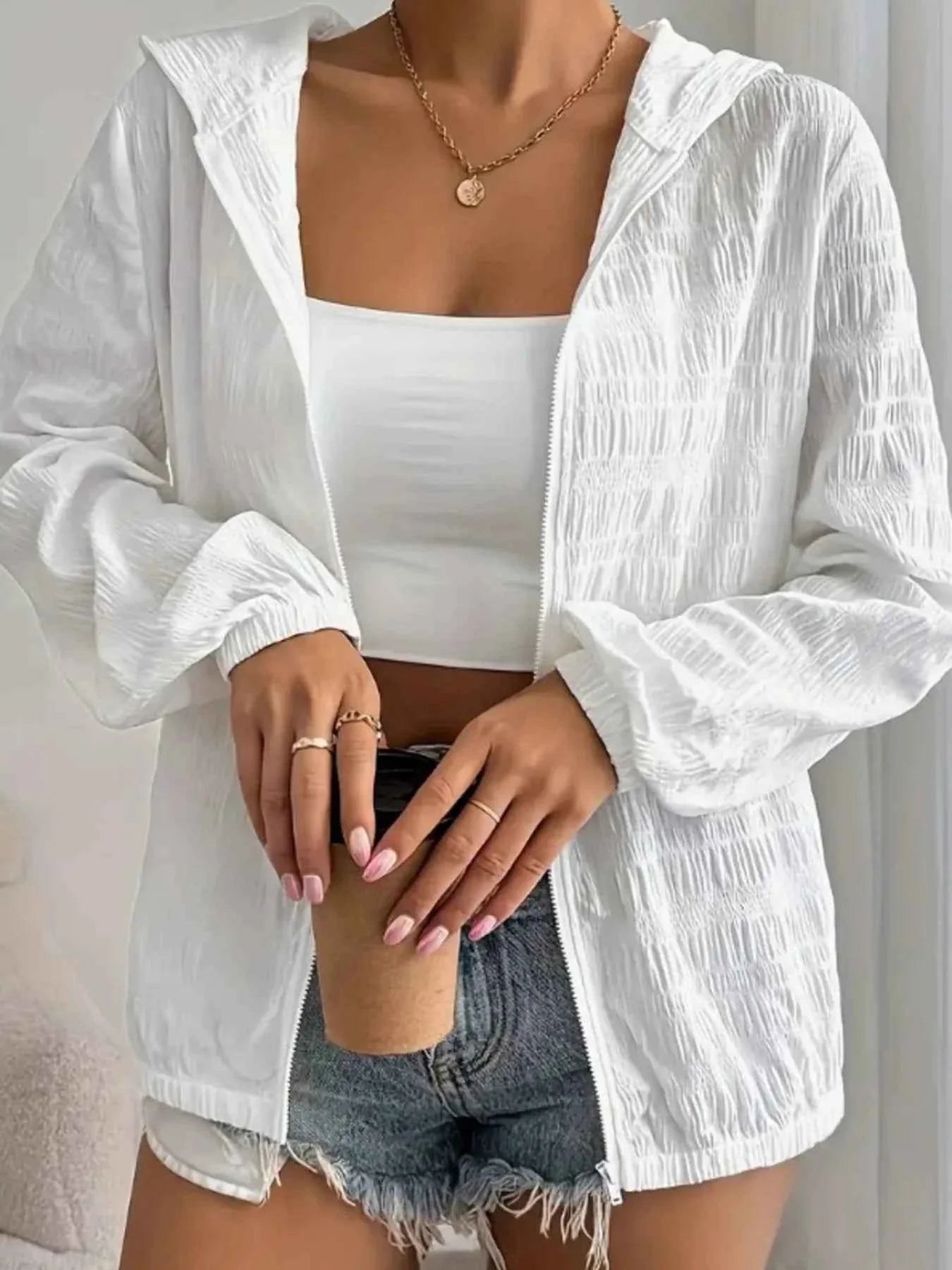 Zip Up Long Sleeve Hooded Jacket.