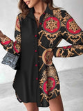 Printed Button Up Long Sleeve Shirt Dress.