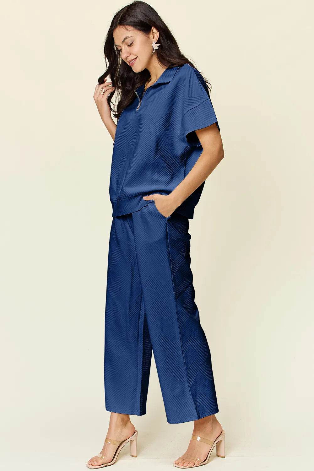 Double Take Texture Set: Full Size Half Zip Top & Pants Set - EBYNN