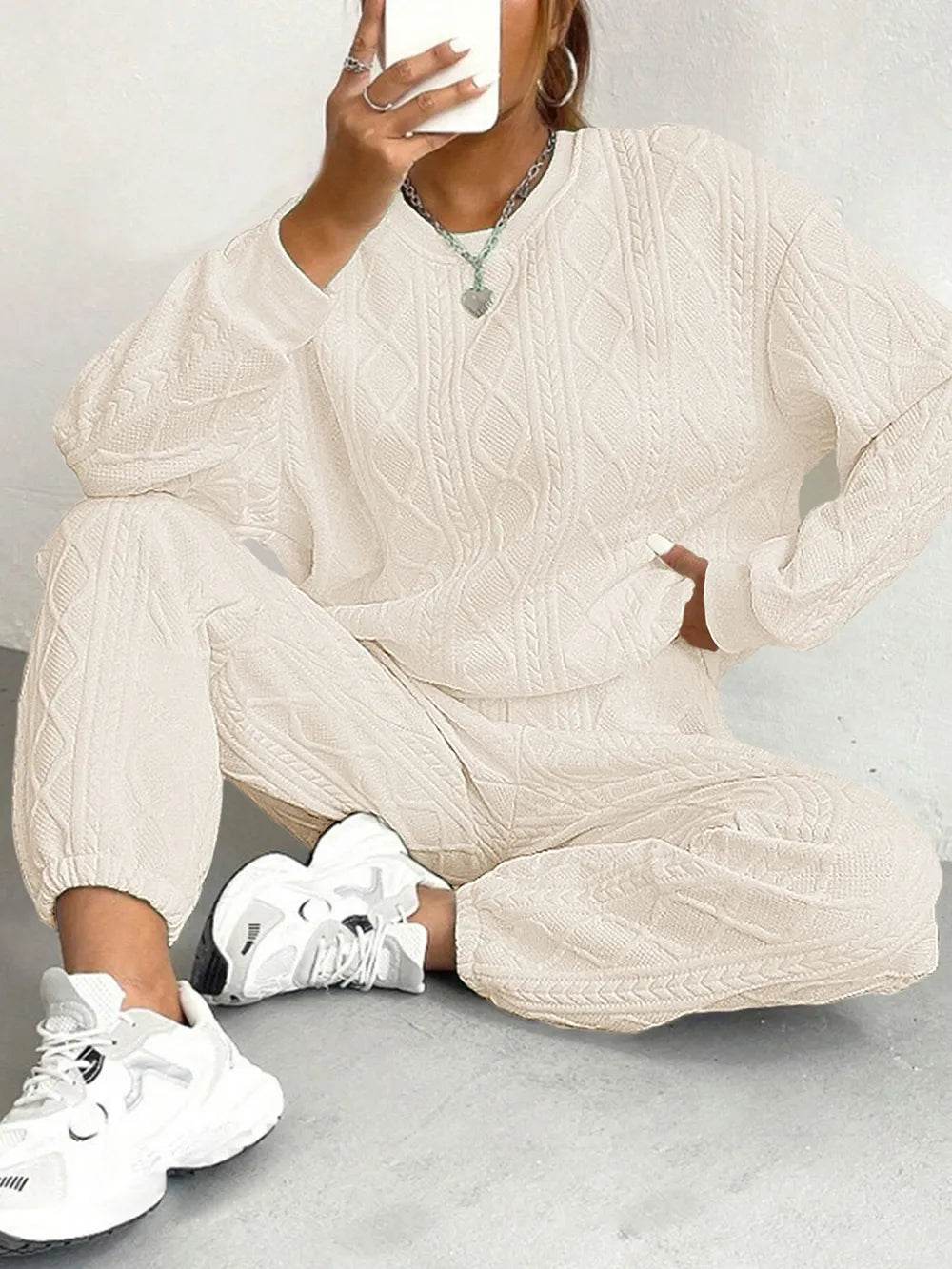 Texture Round Neck Top and Pants Set.