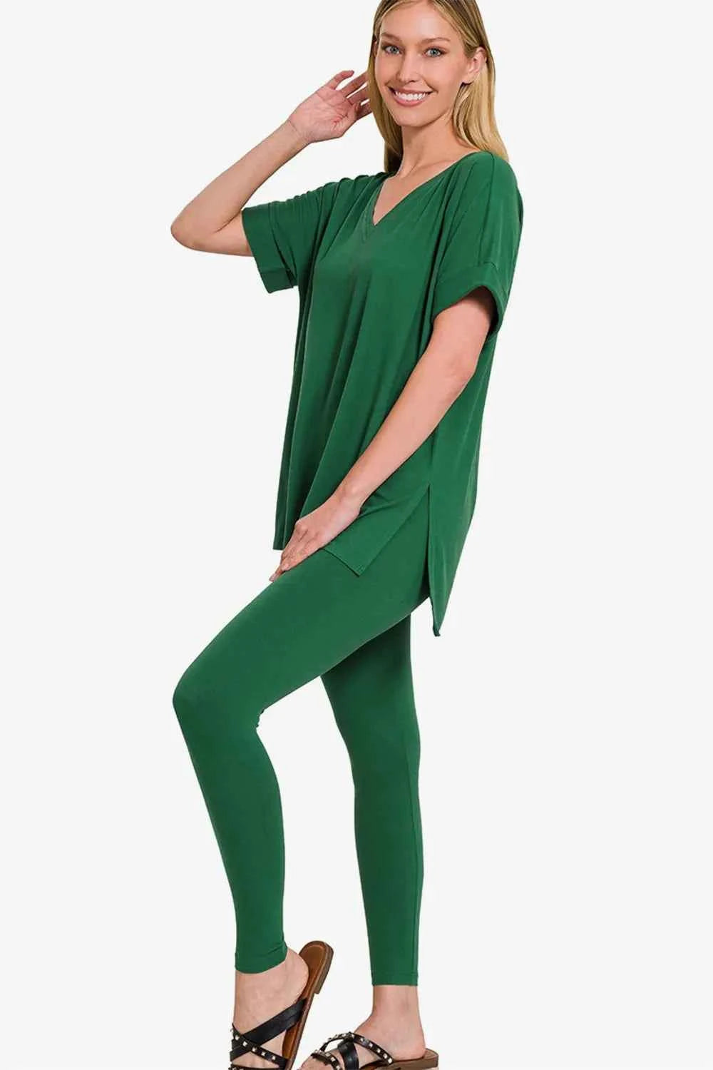 Zenana V-Neck Rolled Short Sleeve T-Shirt and Leggings Set.