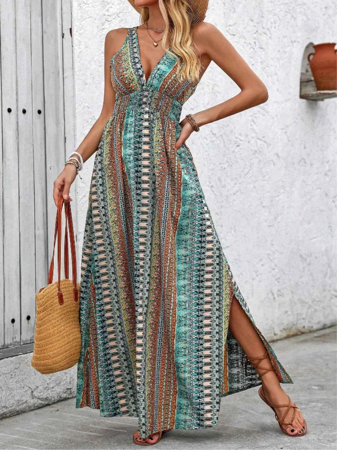 Tied Back Printed Sleeveless Maxi Dress with Slit.