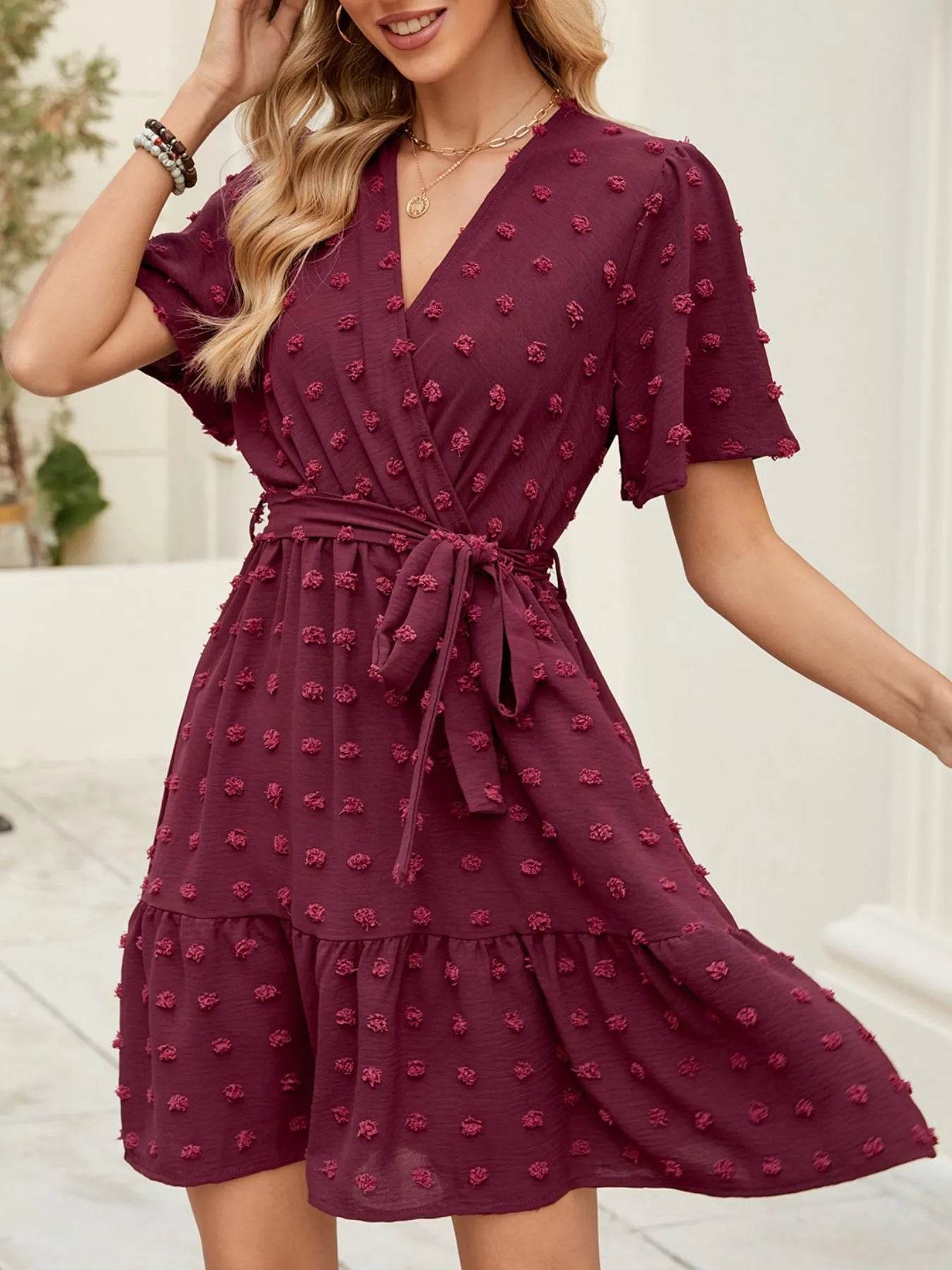 Swiss Dot Flutter Sleeve Wrap Dress.