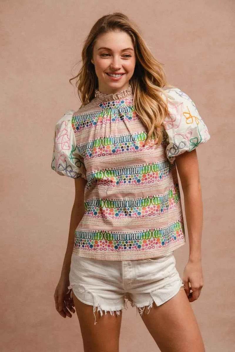 Ruffle Neckline Blouse with Embroidery for Effortless Style - EBYNN