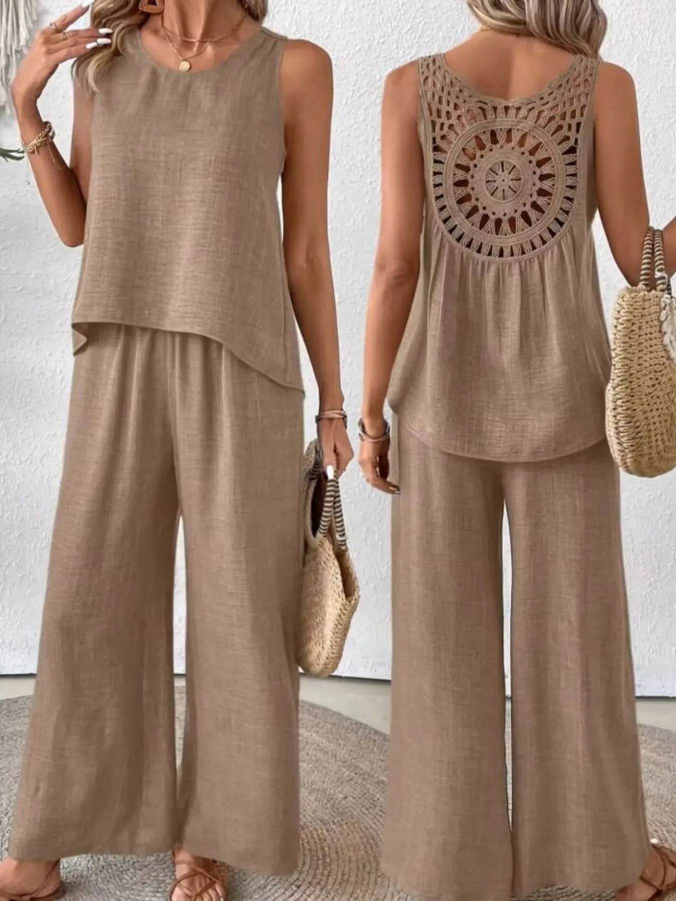 Round Neck Tank and Wide Leg Pants Set - EBYNN
