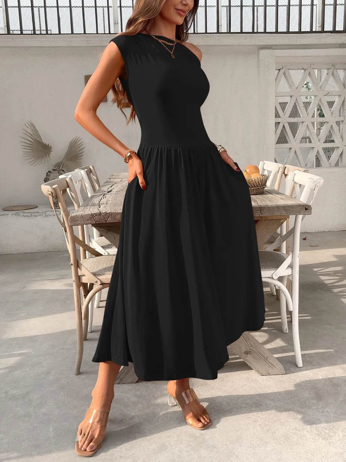 Single Shoulder Dress with Pockets.
