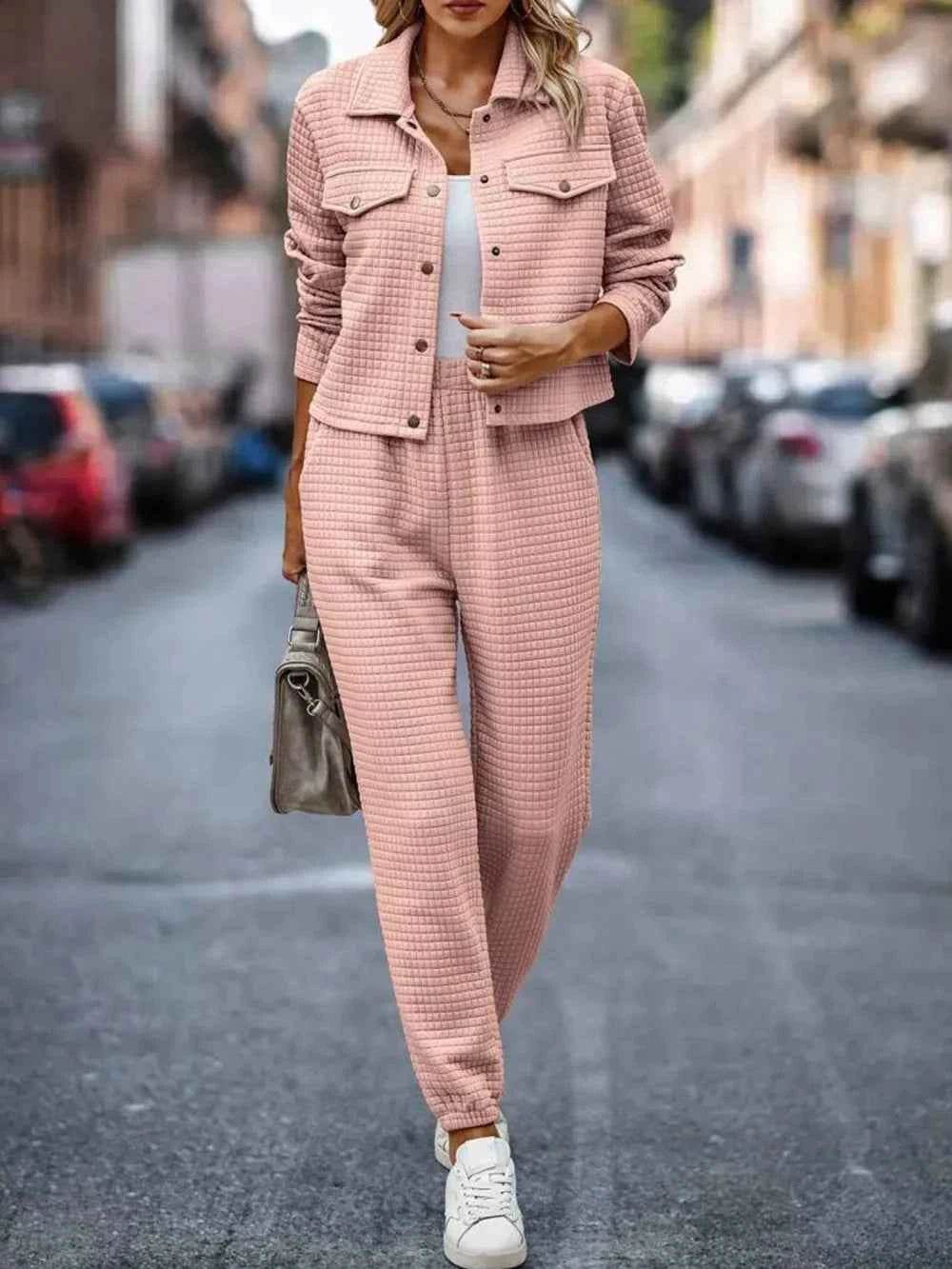 Plaid Texture Snap Down Top and Pants Set.