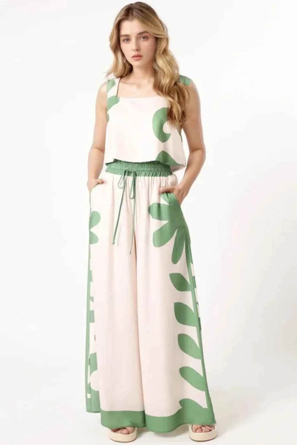 Leaf Print Tank Top and Pants Set - EBYNN