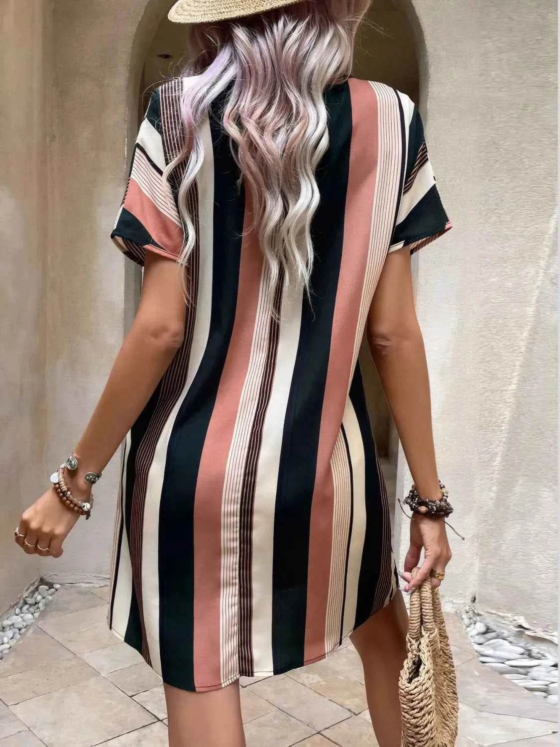 Striped Notched Short Sleeve Dress.