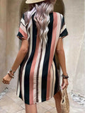 Striped Notched Short Sleeve Dress.