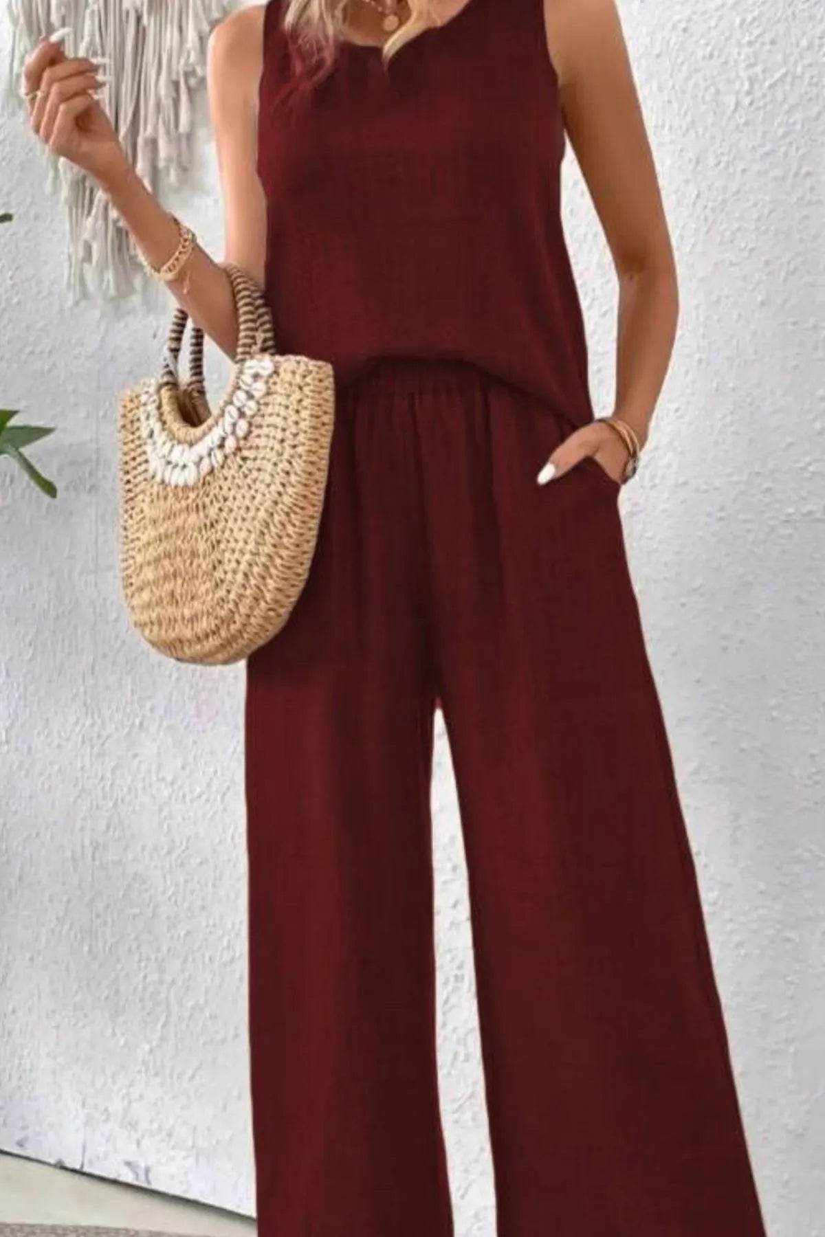 Round Neck Tank and Wide Leg Pants Set - EBYNN