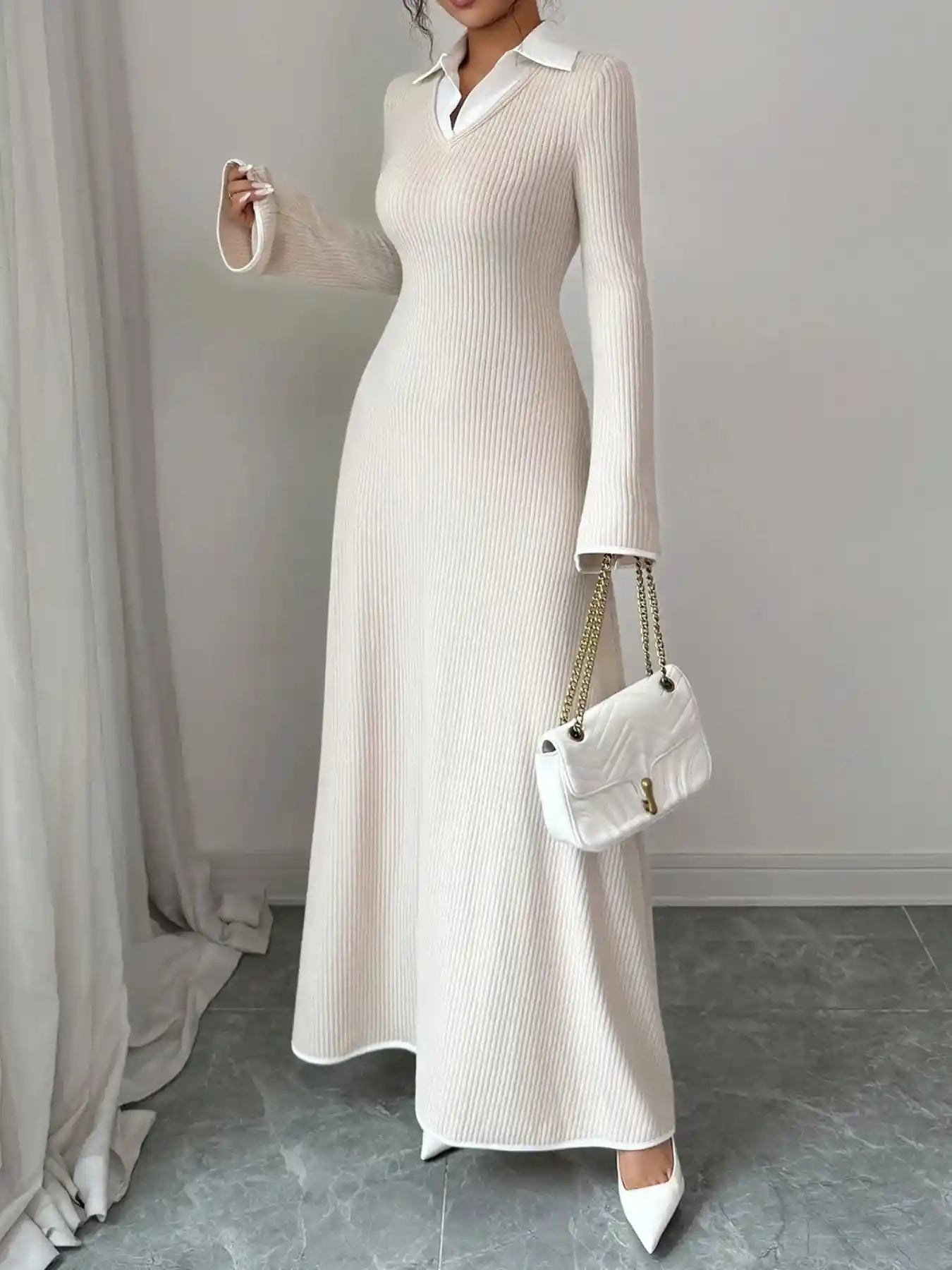 Ribbed Knit Long Sleeve Maxi Dress with Collar.