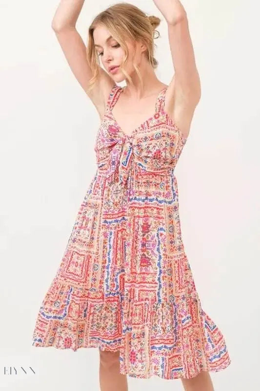 Boho Printed Tied Front Smocked Back Tiered Dress - EBYNN